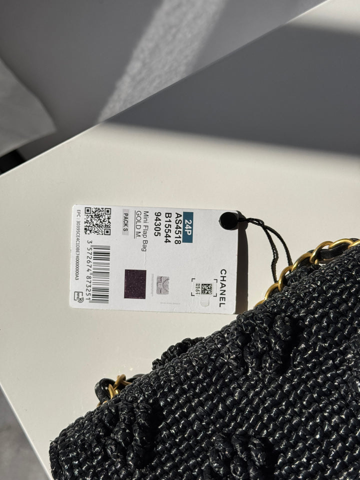 Chanel 24P Black Braided Raffia Mini Flap Bag