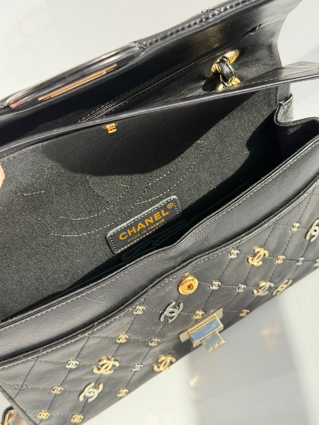 Chanel Medium Reissue 2.55 Flap Bag Black Leather Gold Hardware Punk Charms 2007
