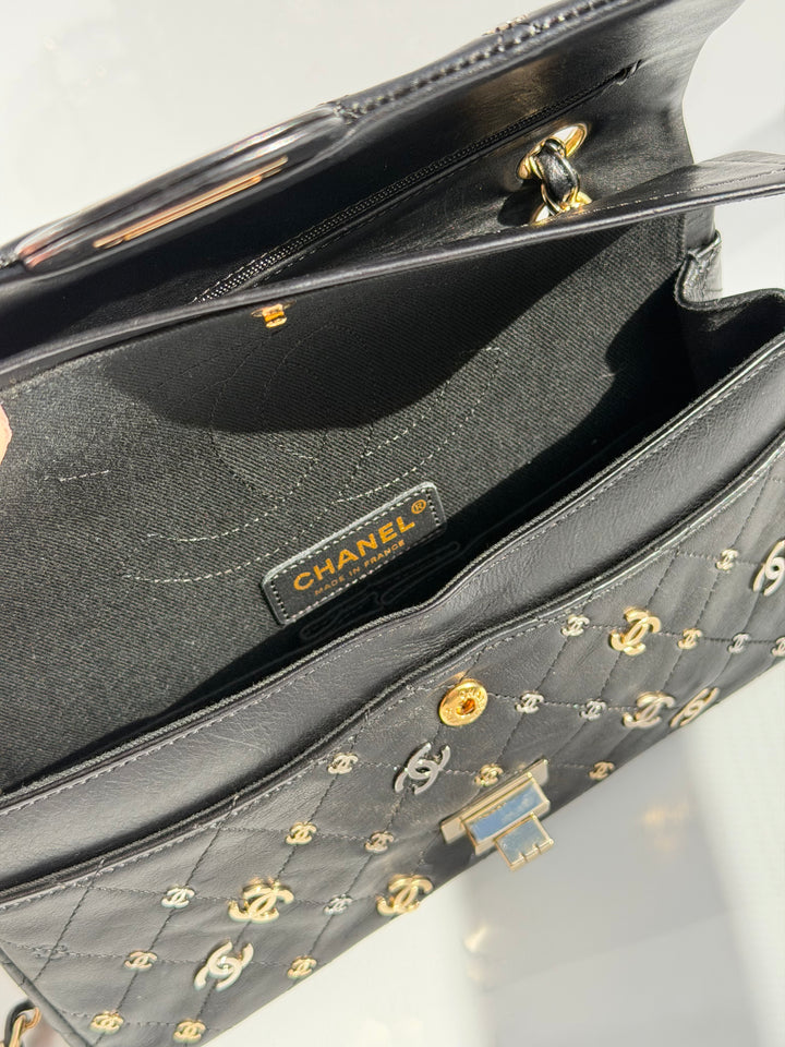 Chanel Medium Reissue 2.55 Flap Bag Black Leather Gold Hardware Punk Charms 2007