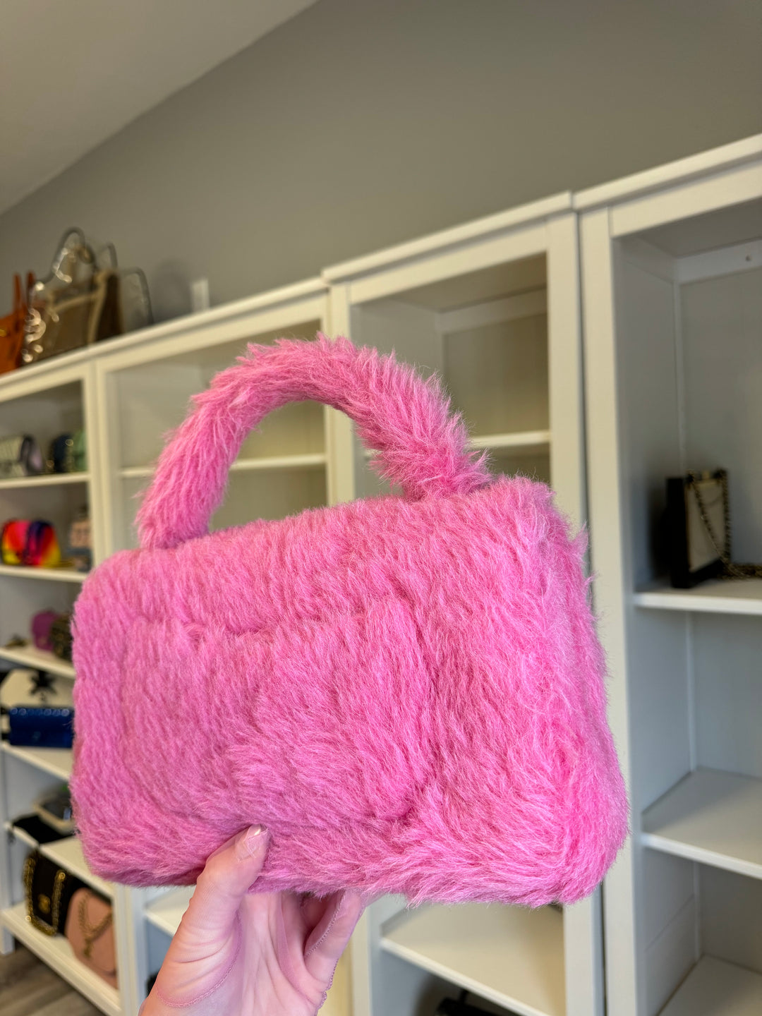 Chanel RARE 1994 Pink Faux Fur Kelly Top Handle