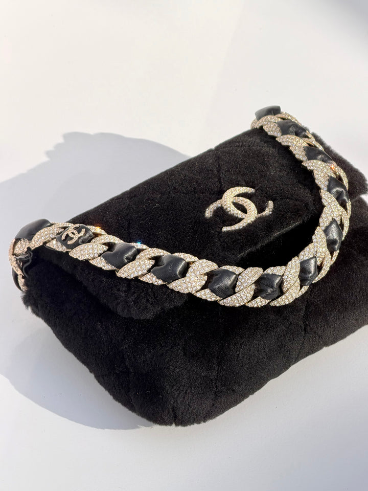 Chanel 2020 Shearling & Strass Black Flap Bag