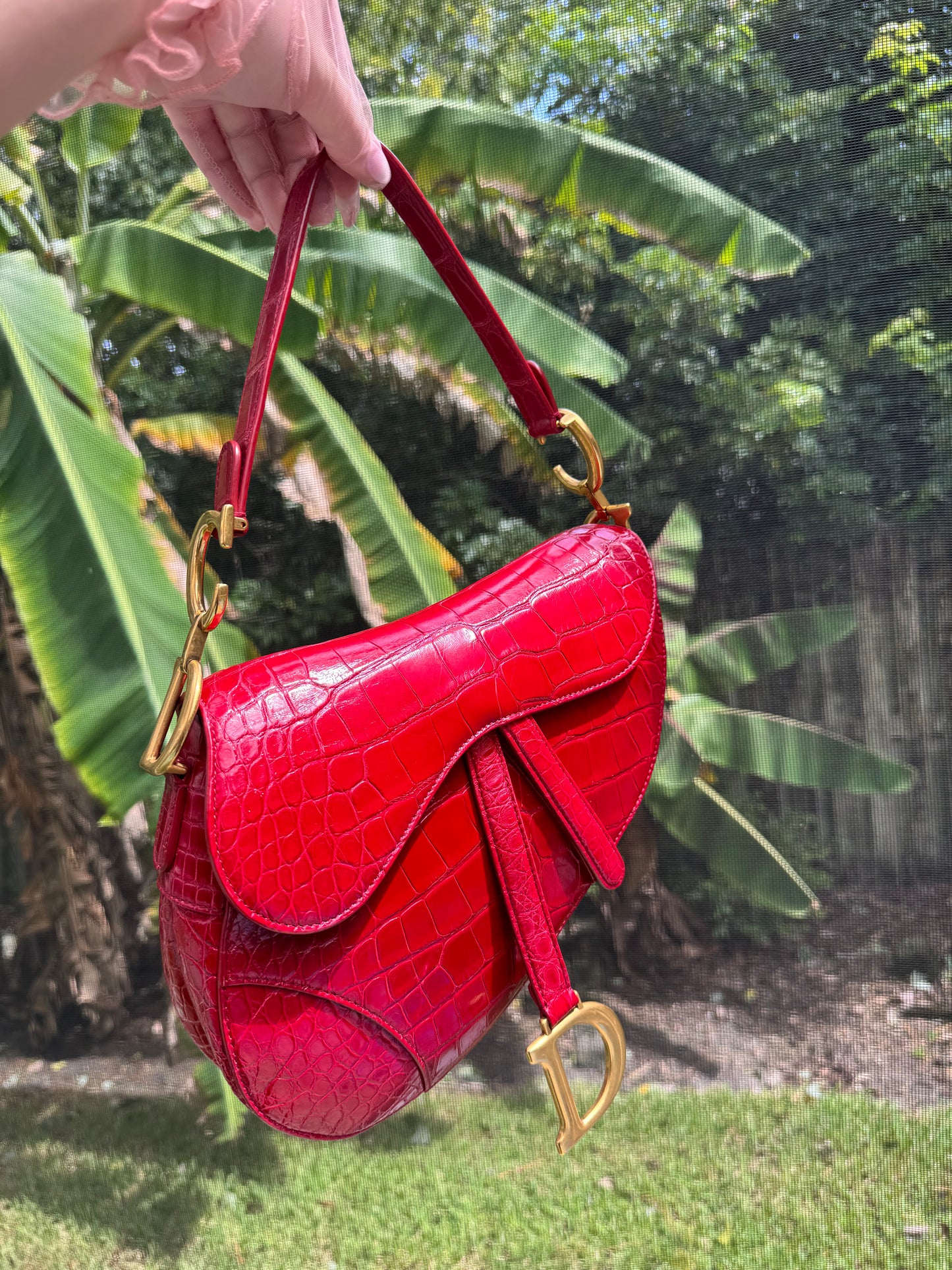 Christian Dior Medium Red Alligator Saddle