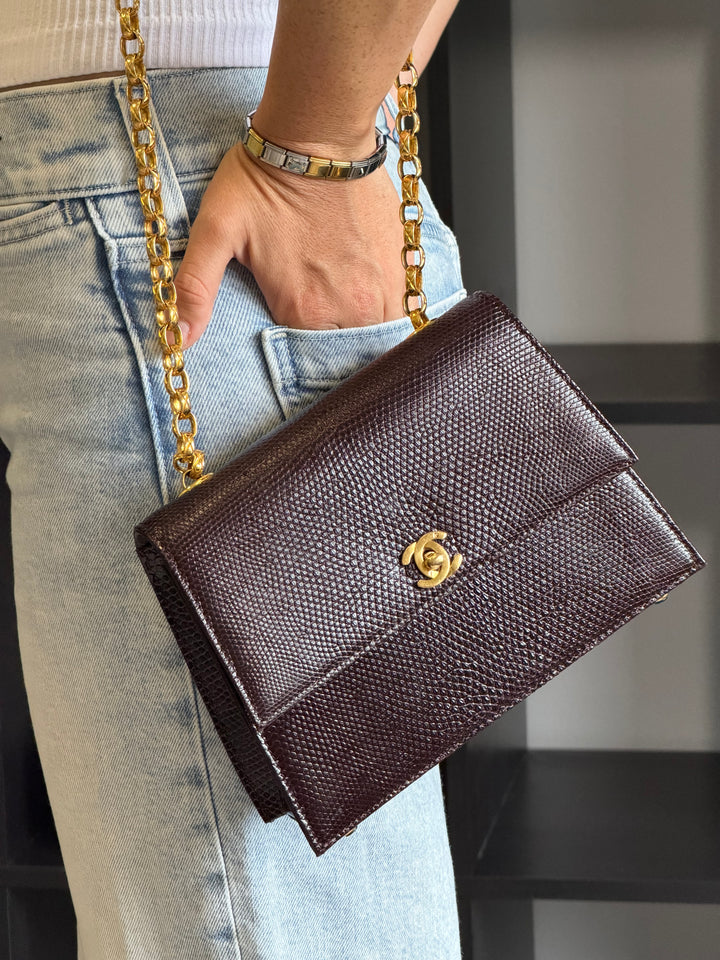 Chanel Small Trapezoid Flap Bag Burgundy Lizard Leather Gold Hardware With Bijoux Chain 1989