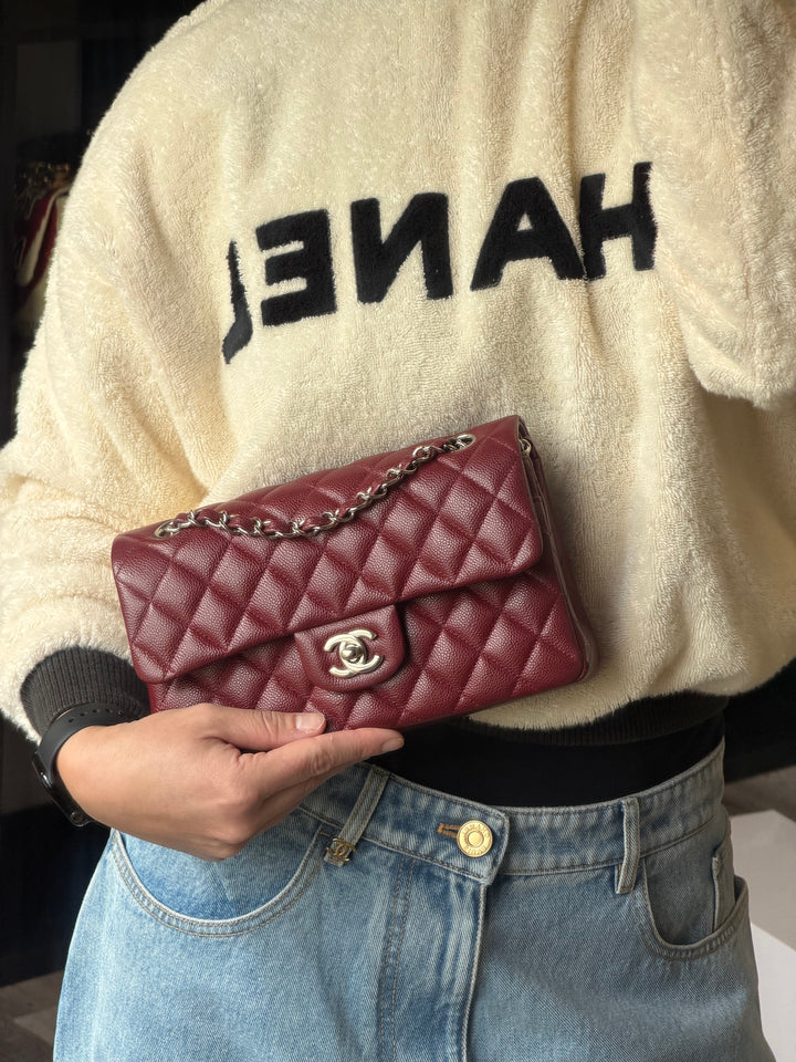 Chanel Small Classic Double Flap Caviar Burgundy Silver Hardware 2020