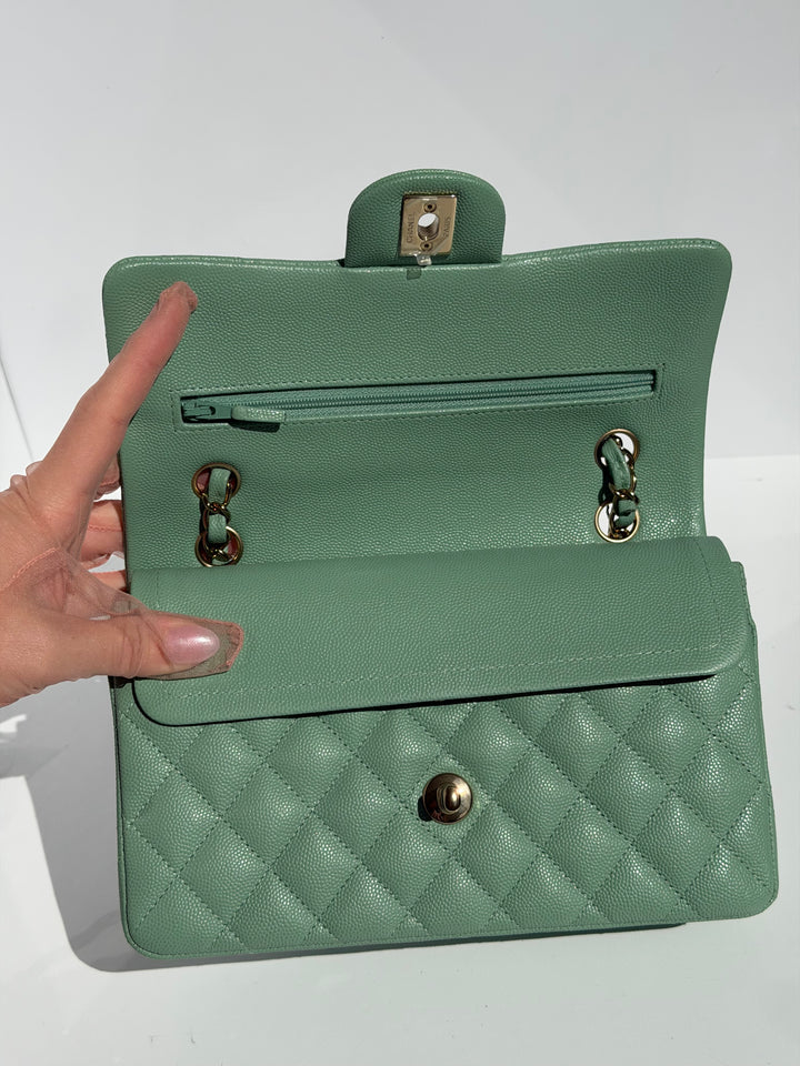 Chanel Small Classic Double Flap Caviar Green Light Gold Hardware 2023
