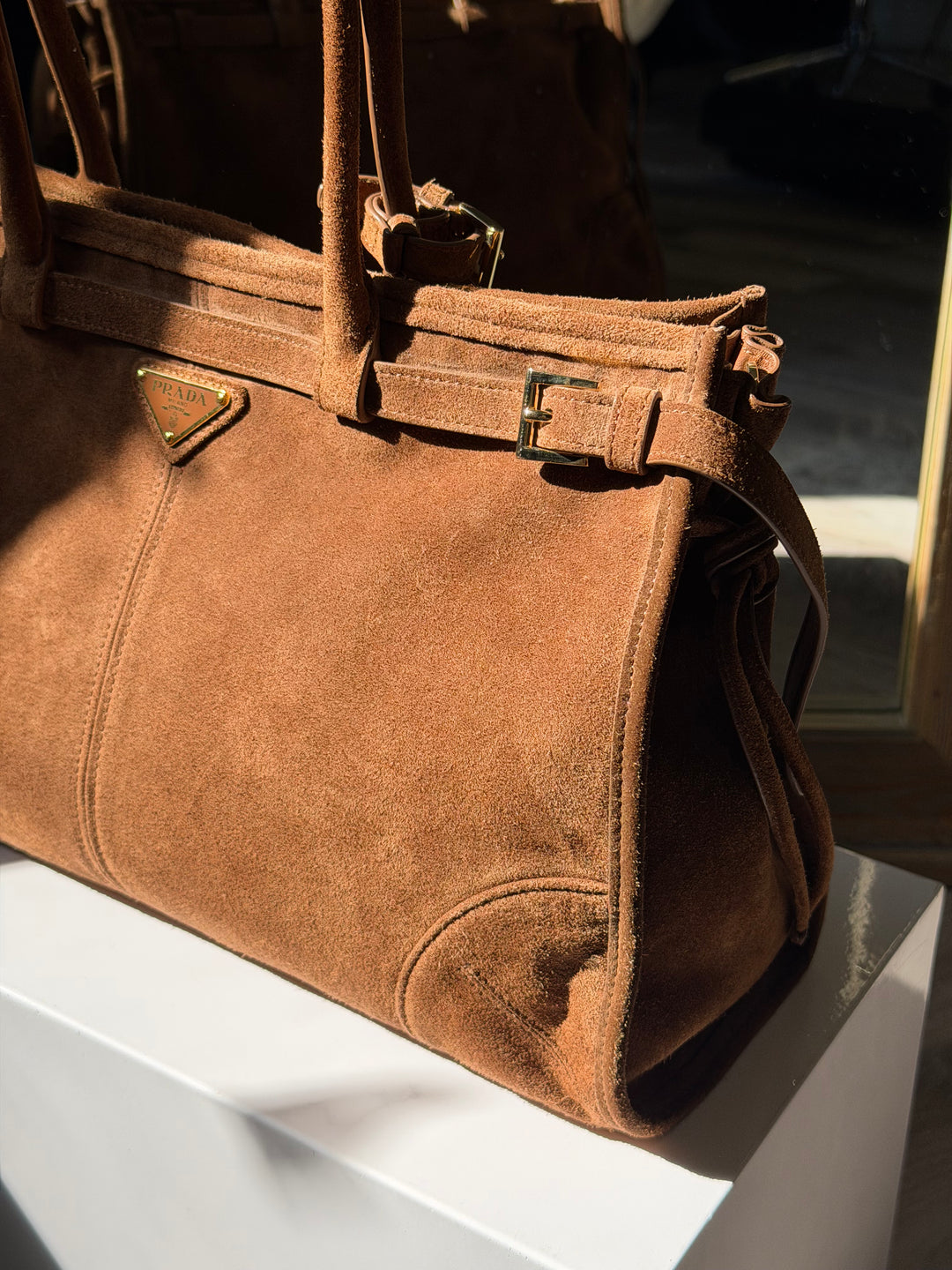 Prada Bonnie Large Tote Bag Cacao Suede Gold Tone Hardware