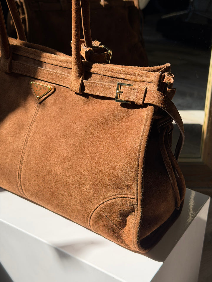 Prada Bonnie Large Tote Bag Cacao Suede Gold Tone Hardware