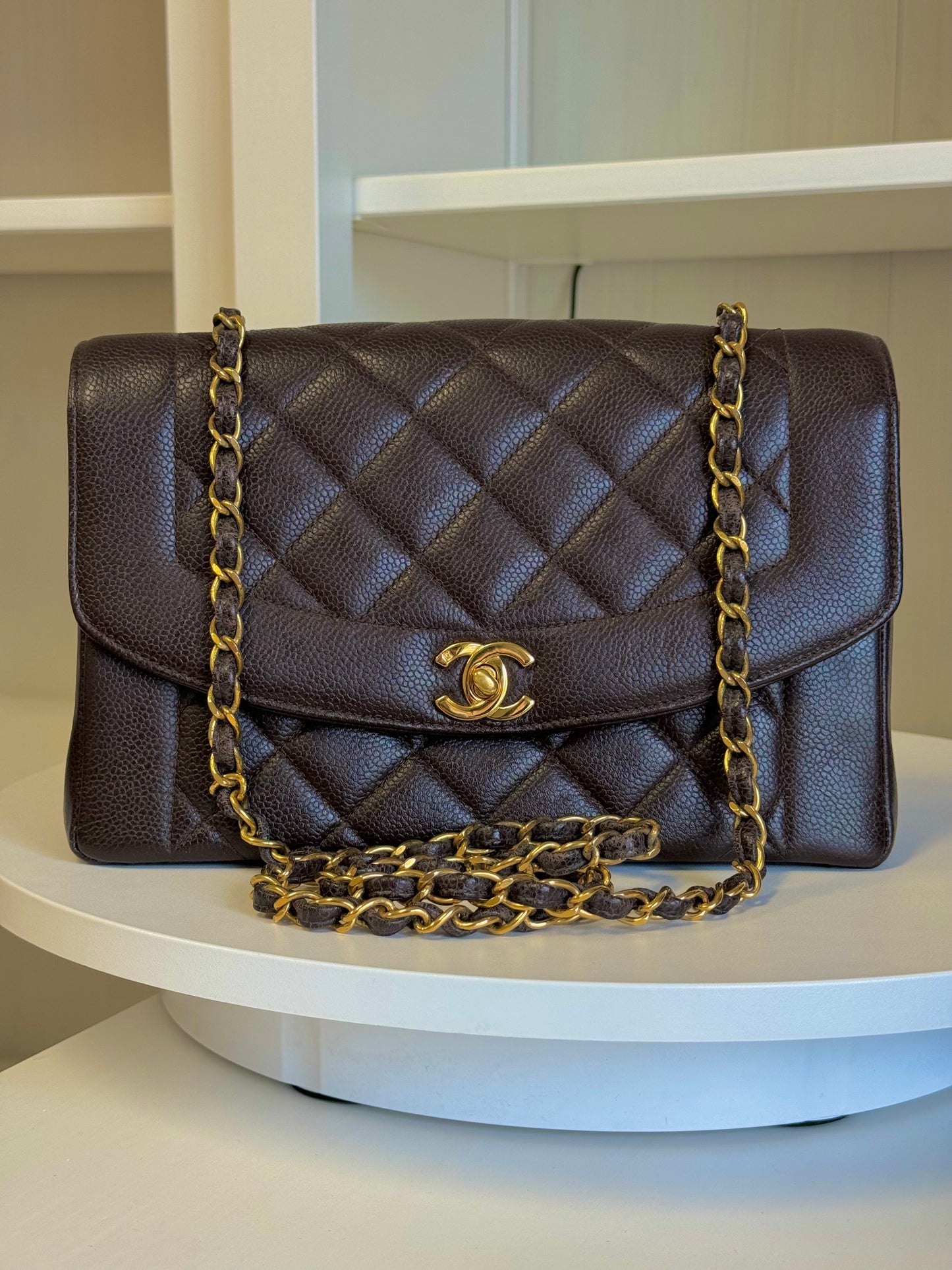 Chanel Chocolate Brown 24K Medium Caviar Diana Flap Bag