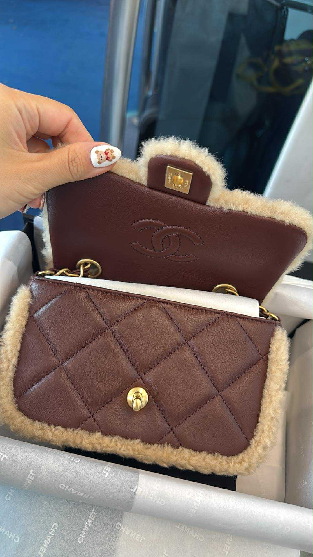 Chanel 25K Brown Mini Shearling Flap Bag