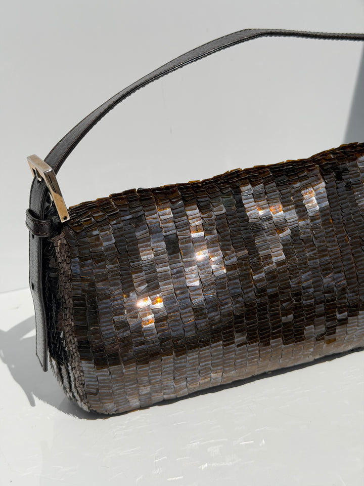 Fendi Brown Sequin Zucca FF Baguette Silver Hardware