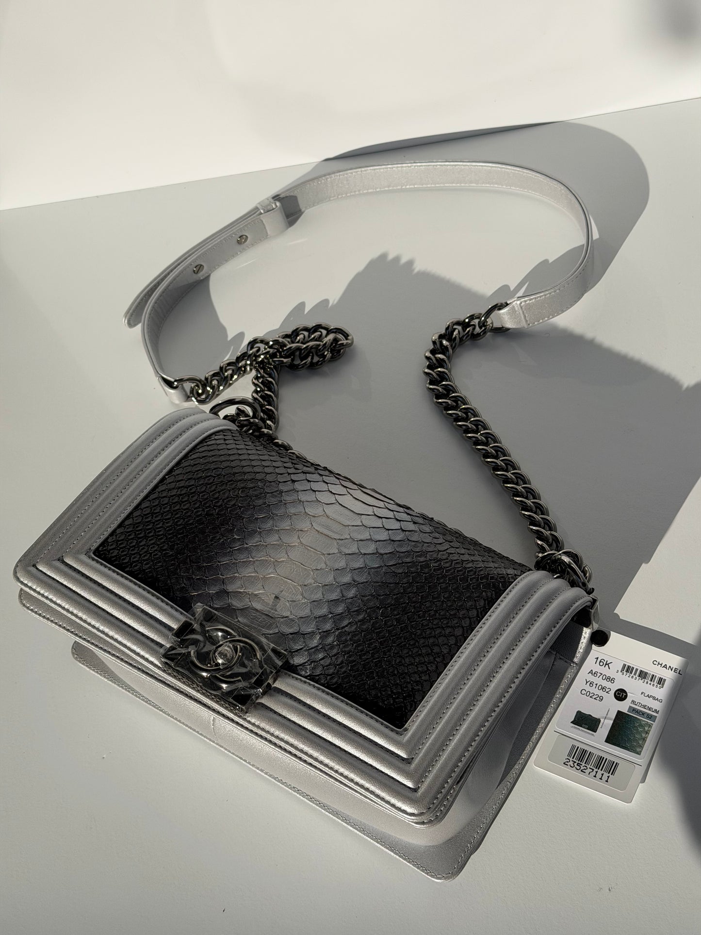 Chanel 16K Silver Python Old Medium Boy Bag