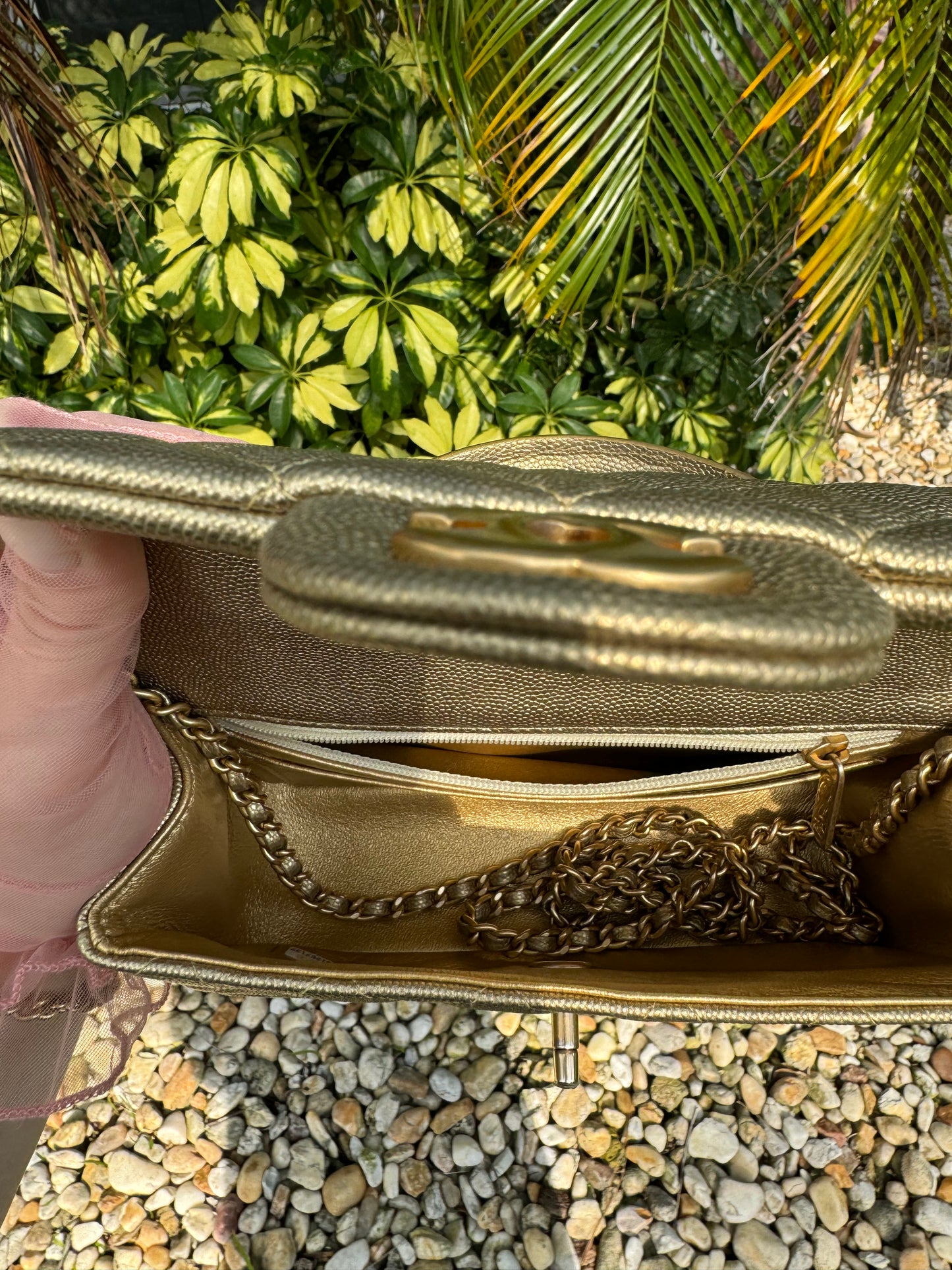 Chanel 21S Mini Metallic Gold Caviar Top Handle