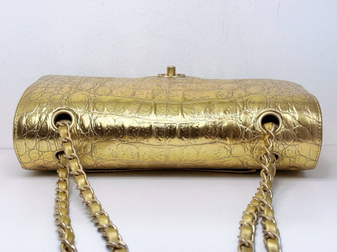 Chanel Metallic Gold Croc Embossed Medium Classic Flap Bag