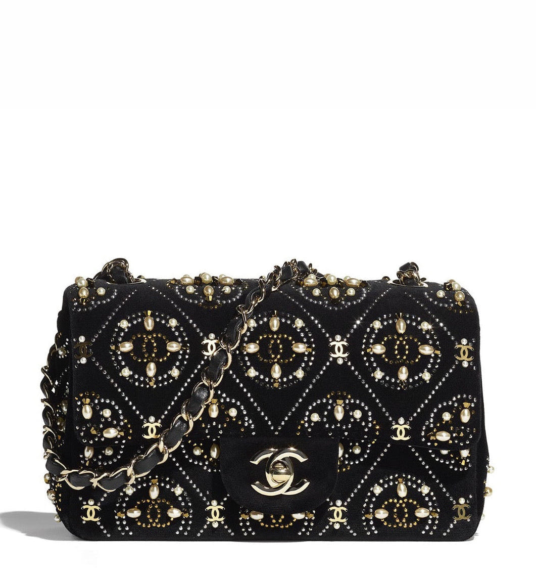 Chanel Pearl Strass CC Velvet Mini Flap Bag Black Velvet Light Gold Hardware 2021