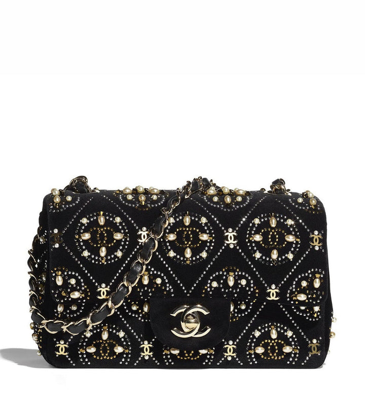 Chanel Pearl Strass CC Velvet Mini Flap Bag Black Velvet Light Gold Hardware 2021