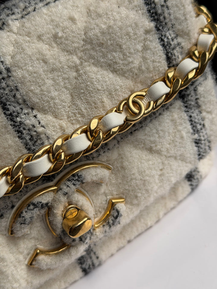 Chanel Small Elegant Chain Flap Wool Tweed White Black Gold Hardware 2022