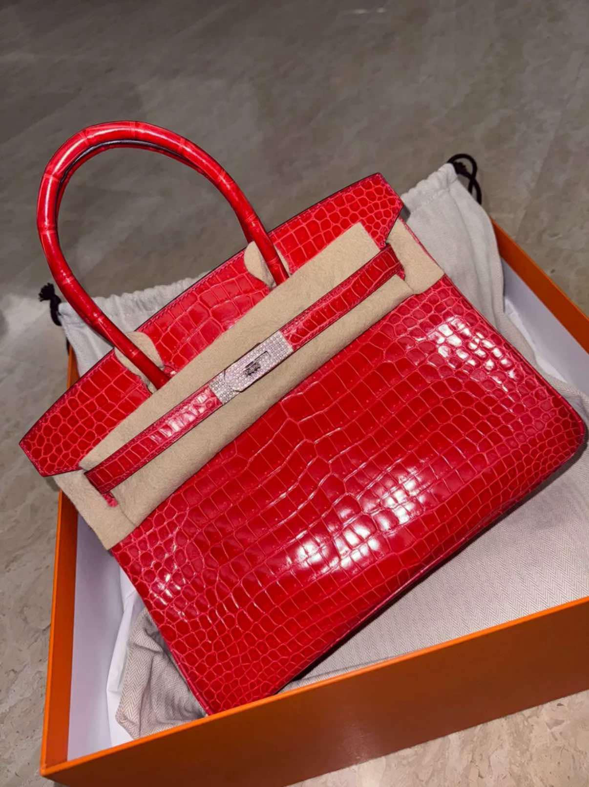 Hermes White Gold Diamond Geranium Crocodile Birkin 30