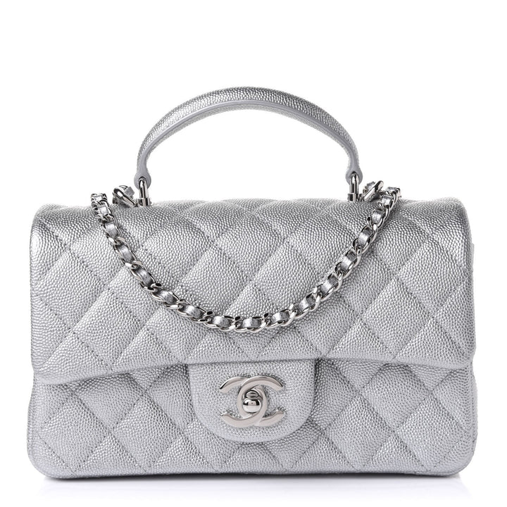 Chanel 21S Mini Metallic Silver Caviar Top Handle