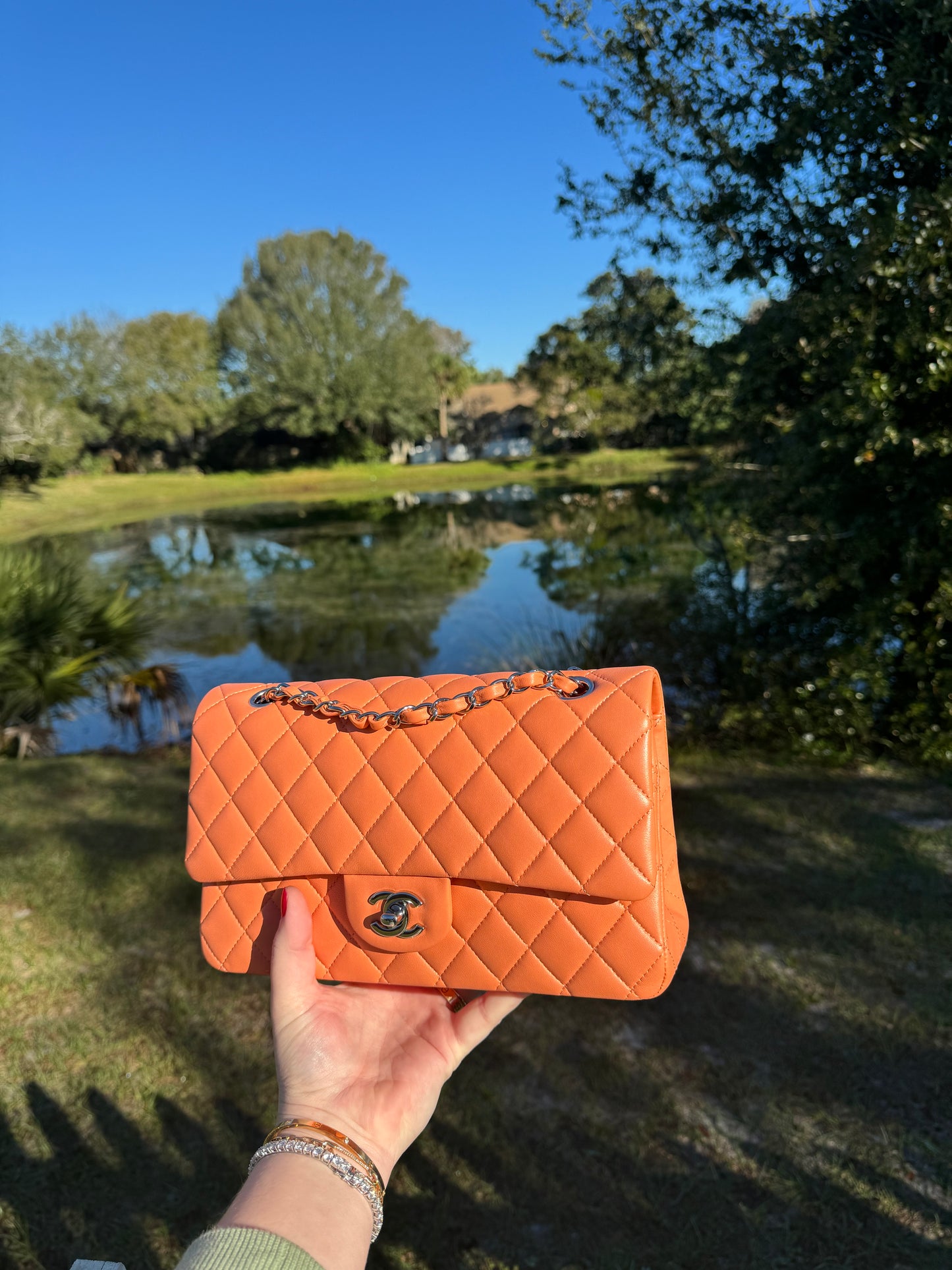 Chanel 21S Orange Neon Lambskin Medium Flap Bag