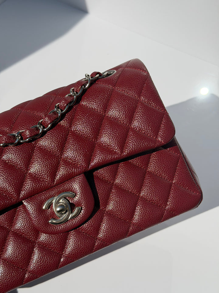 Chanel Small Classic Double Flap Caviar Burgundy Silver Hardware 2020