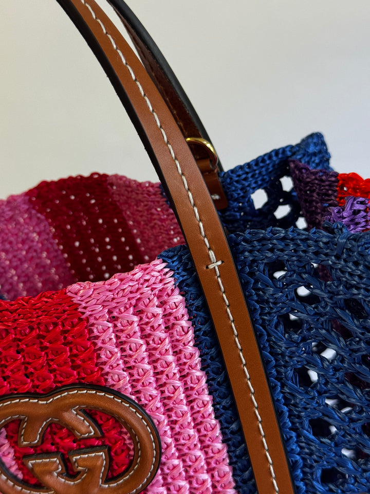 Gucci Interlocking Multicolor Raffia Tote Bag