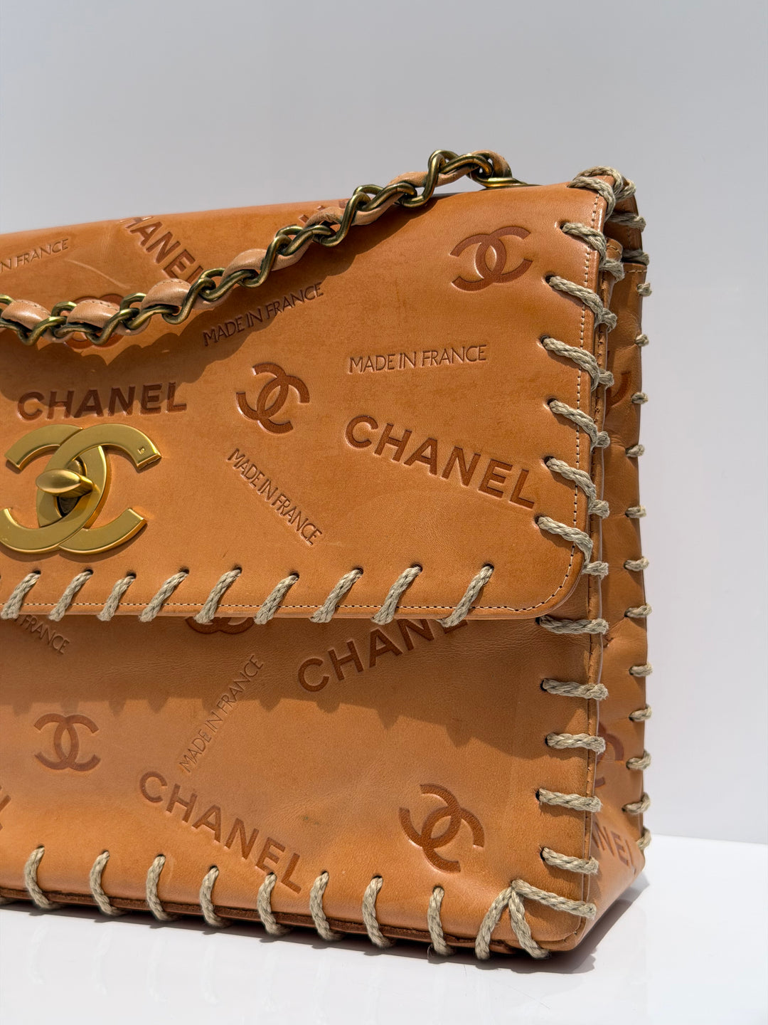 Chanel Jumbo Classic Flap Bag Tan Debossed Logo Calfskin Whipstitched Gold Hardware 1994