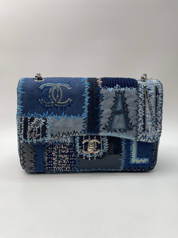 Chanel Jumbo Single Flap Patchwork Denim Blue Tweed Textile Leather Silver Hardware 2015