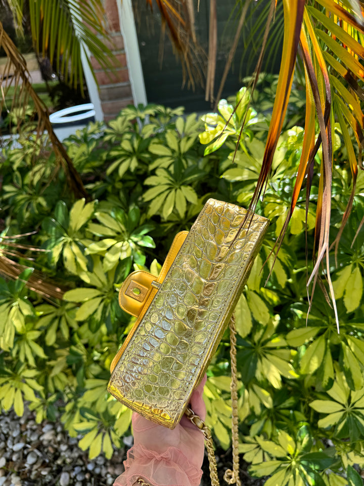 Chanel Gold Croc Embossed Mini Rectangular Flap Bag