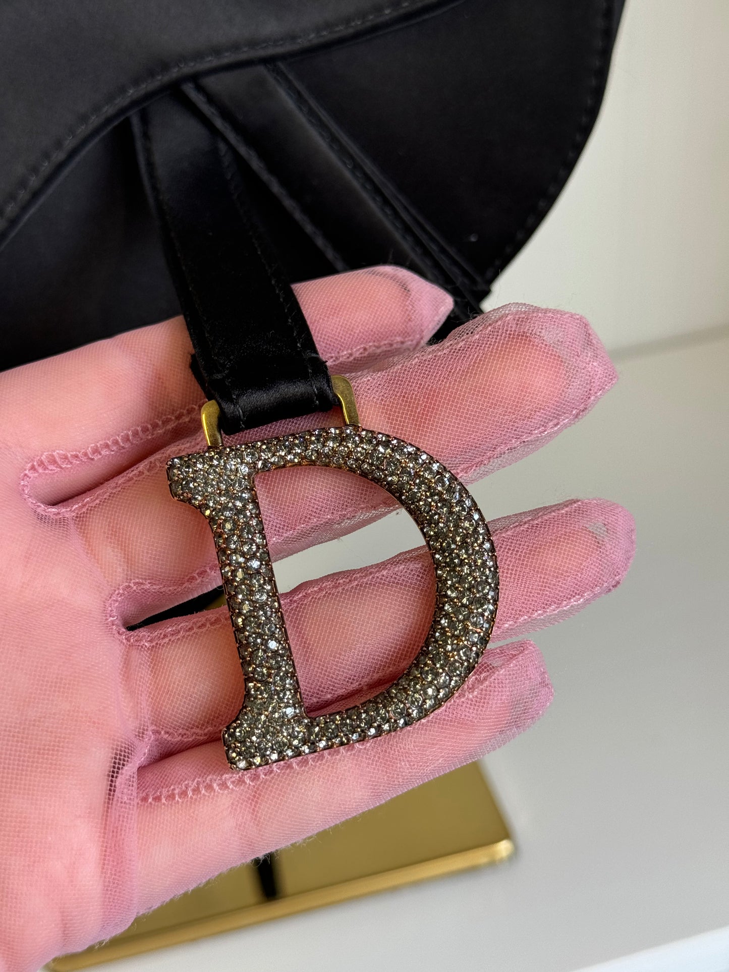 Rare Dior Black Satin Crystal Mini Saddle