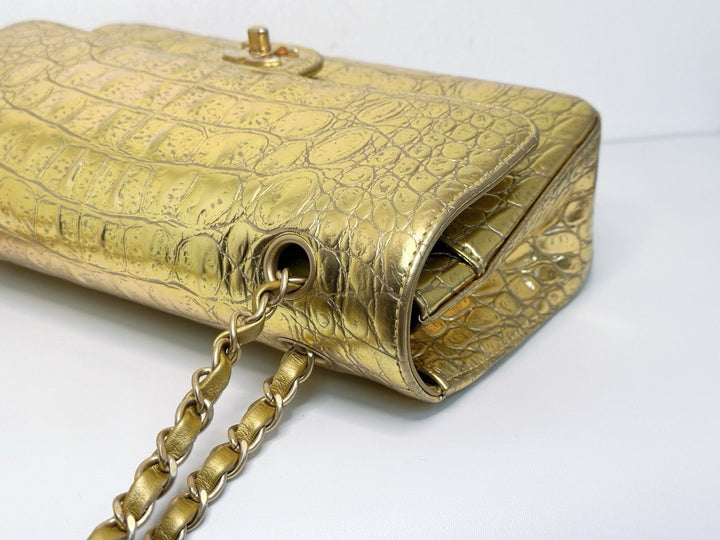 Chanel Metallic Gold Croc Embossed Medium Classic Flap Bag