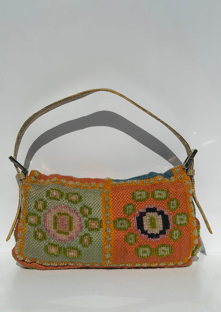 Fendi Multicolor Orange Beaded Baguette Lizard Trim Silver Hardware