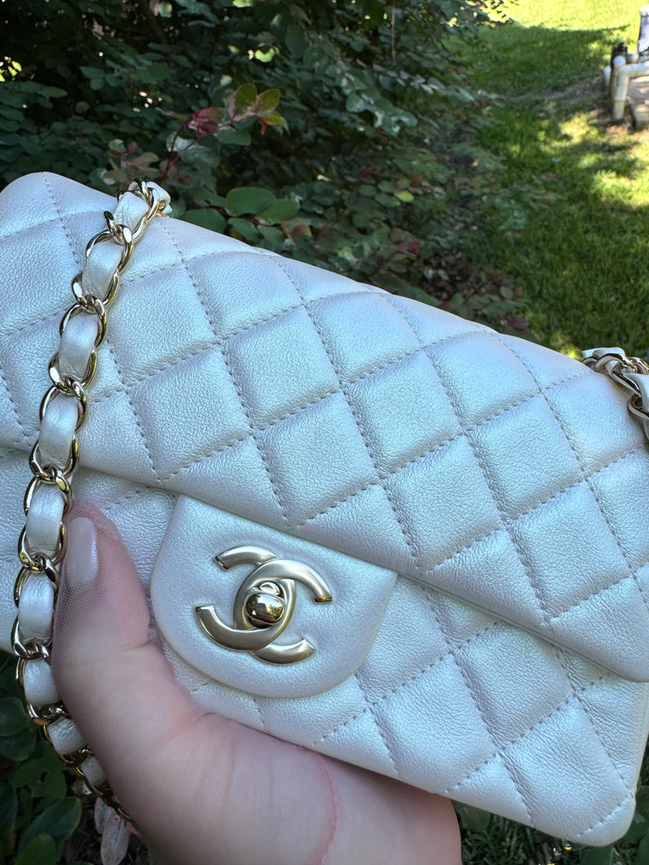 Chanel 21S White Iridescent Calfskin Mini Flap Bag