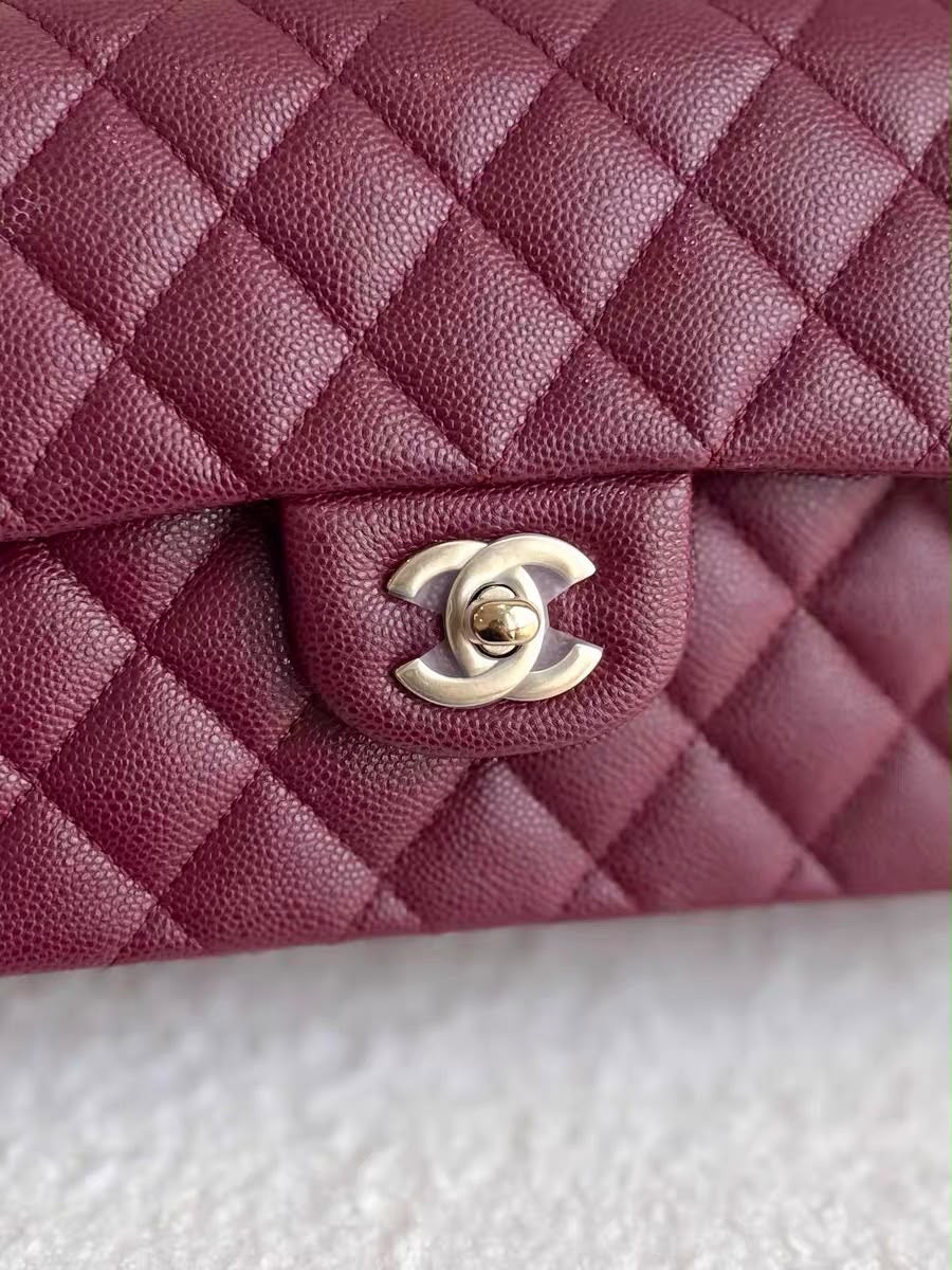 Chanel Small Classic Double Flap Caviar Burgundy Light Gold Hardware 2023