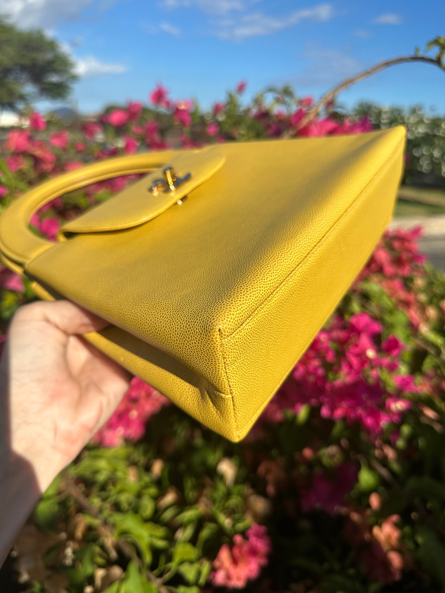 Chanel Vintage Medium Yellow Caviar Kelly Top Handle