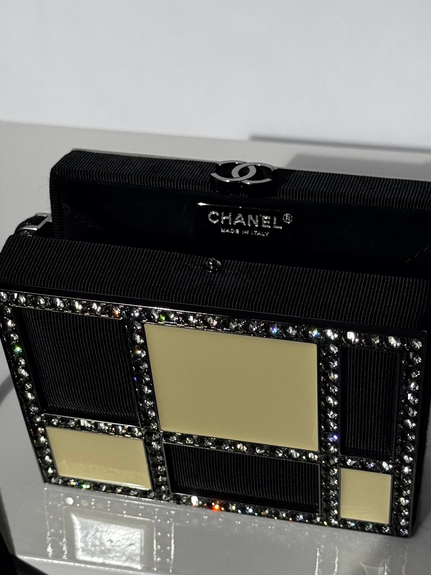 Chanel Minaudière Clutch in Plexi, Black cotton Piqué and Rhinestones