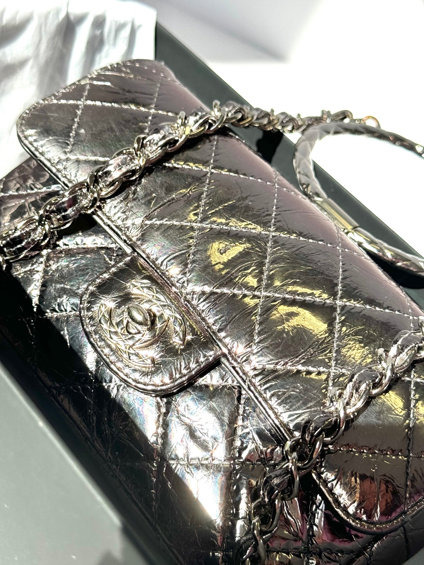 Chanel Metallic Calfskin Mini Ring Handle Flap Bag