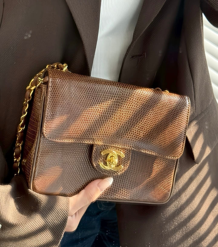 Chanel Brown Vintage Lizard Mini Square Flap Bag 1986