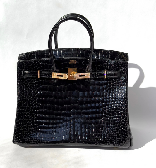 Hermes 18K Yellow Gold Diamond Black Porosus Crocodile Birkin 35