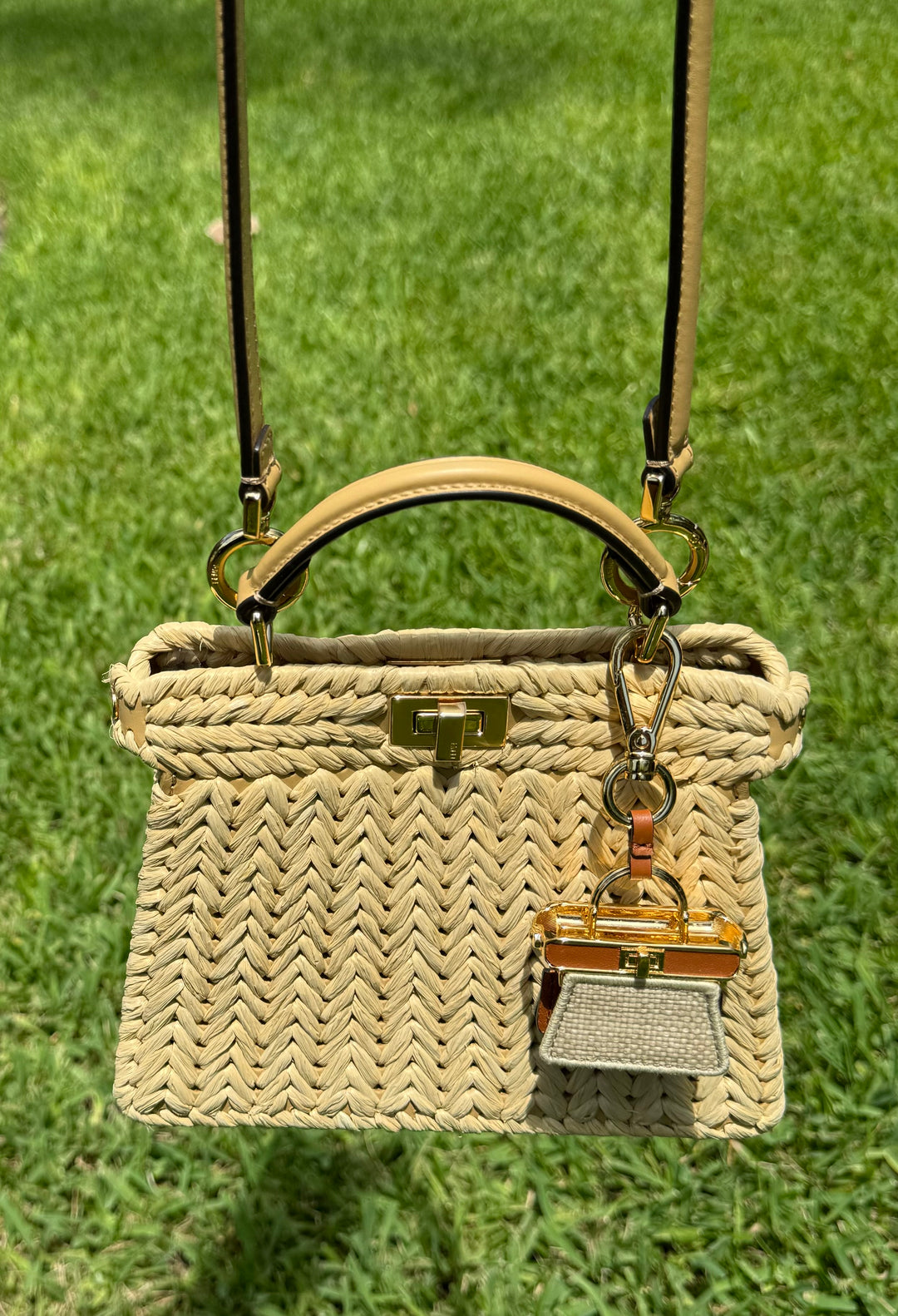 Fendi Peekaboo ISeeU Petite Sand Raffia Bag + Fendi Charm