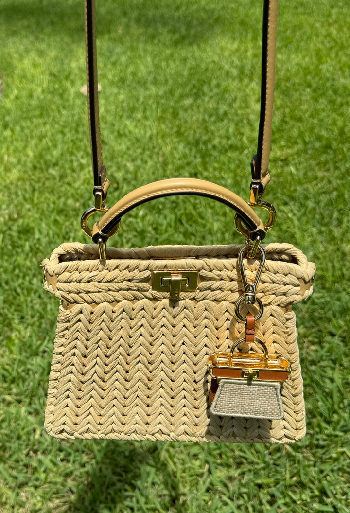 Fendi Peekaboo ISeeU Petite Sand Raffia Bag + Fendi Charm