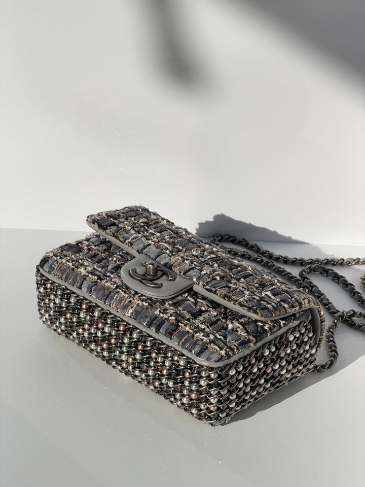 Chanel River of Pearls Mini Flap Quilted Tweed Grey Aged Silver Hardware