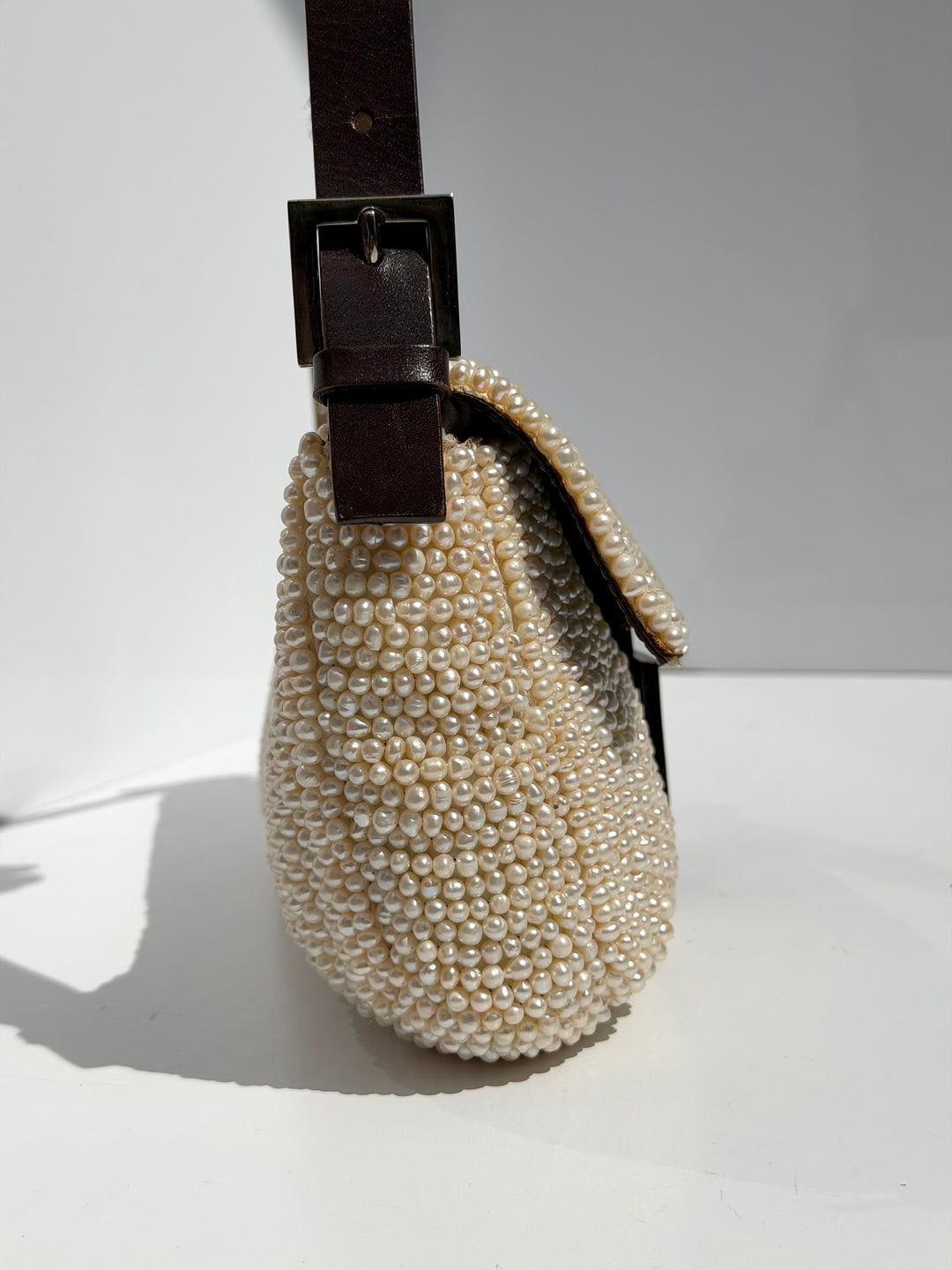 Fendi Pearl Embellished Baguette Brown Leather Trim Silver Hardware 2009
