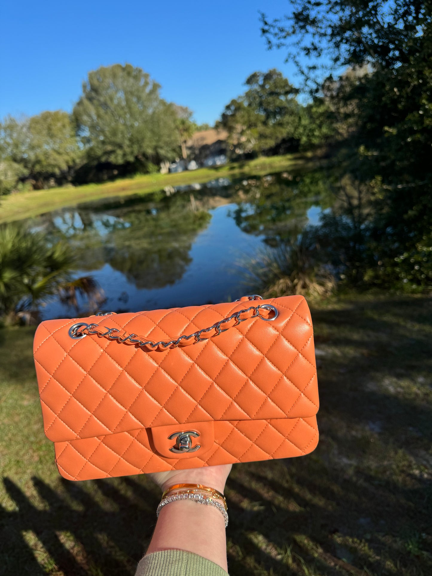 Chanel 21S Orange Neon Lambskin Medium Flap Bag