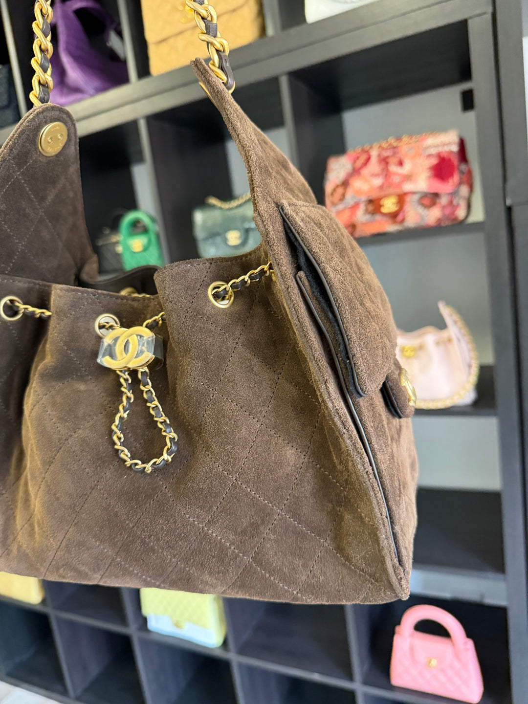 Chanel Small 25 Hobo Bag Brown Suede Antique Gold Hardware