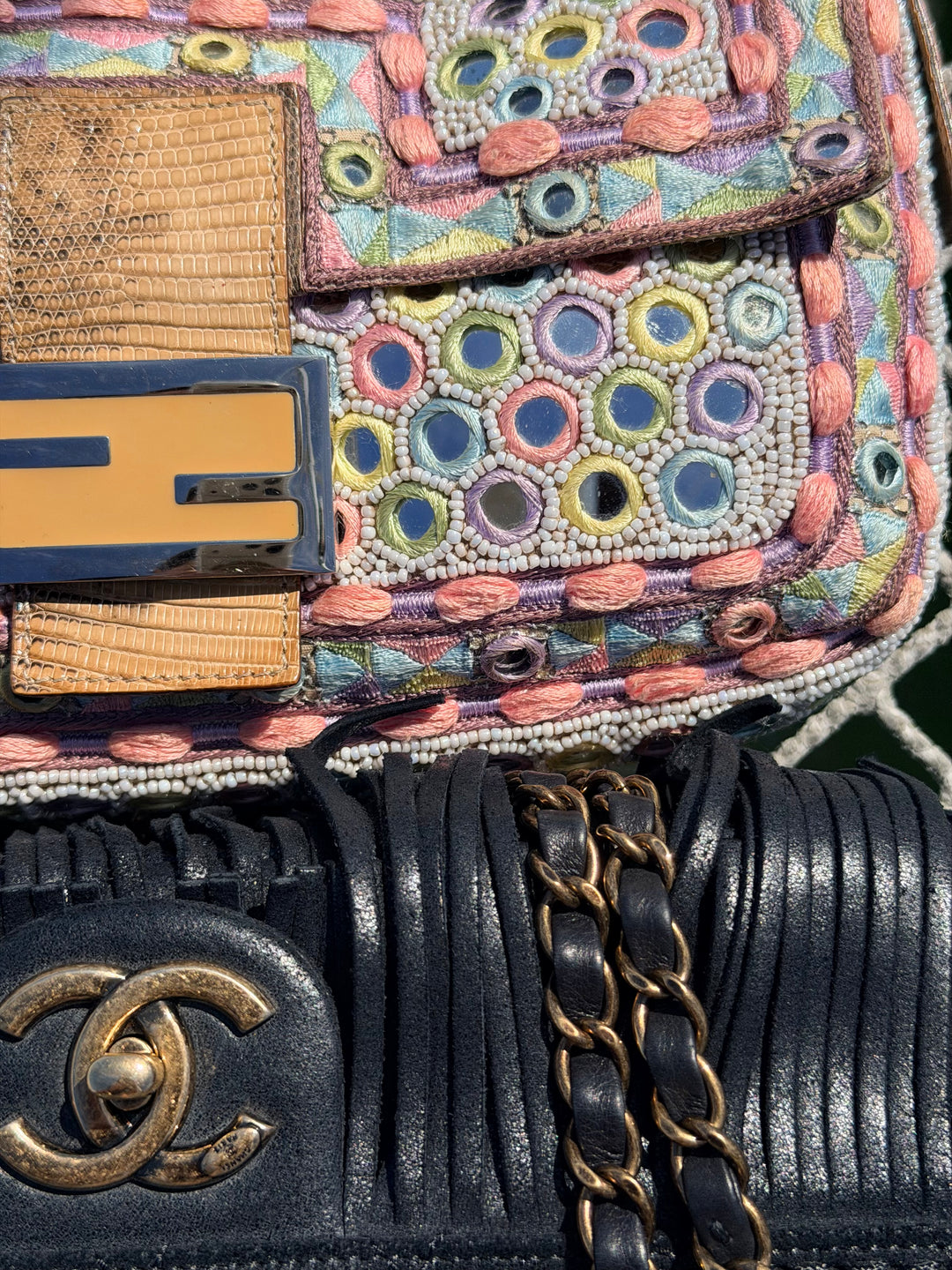 Fendi Baguette Mirror Specchietti Bag Multicolor Silk Embroidery & Beading Lizard Trim 2009