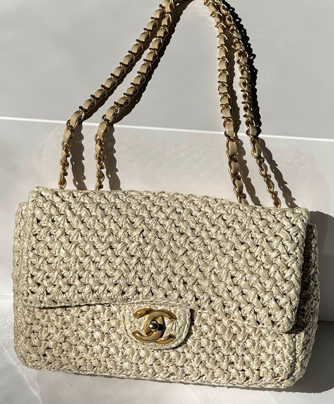 Chanel Raffia Crochet Flap Tan Matte Gold Hardware 18C