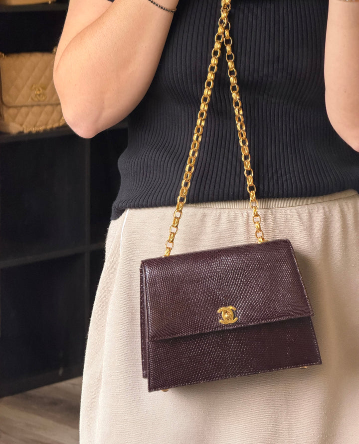 Chanel Small Trapezoid Flap Bag Burgundy Lizard Leather Gold Hardware With Bijoux Chain 1989
