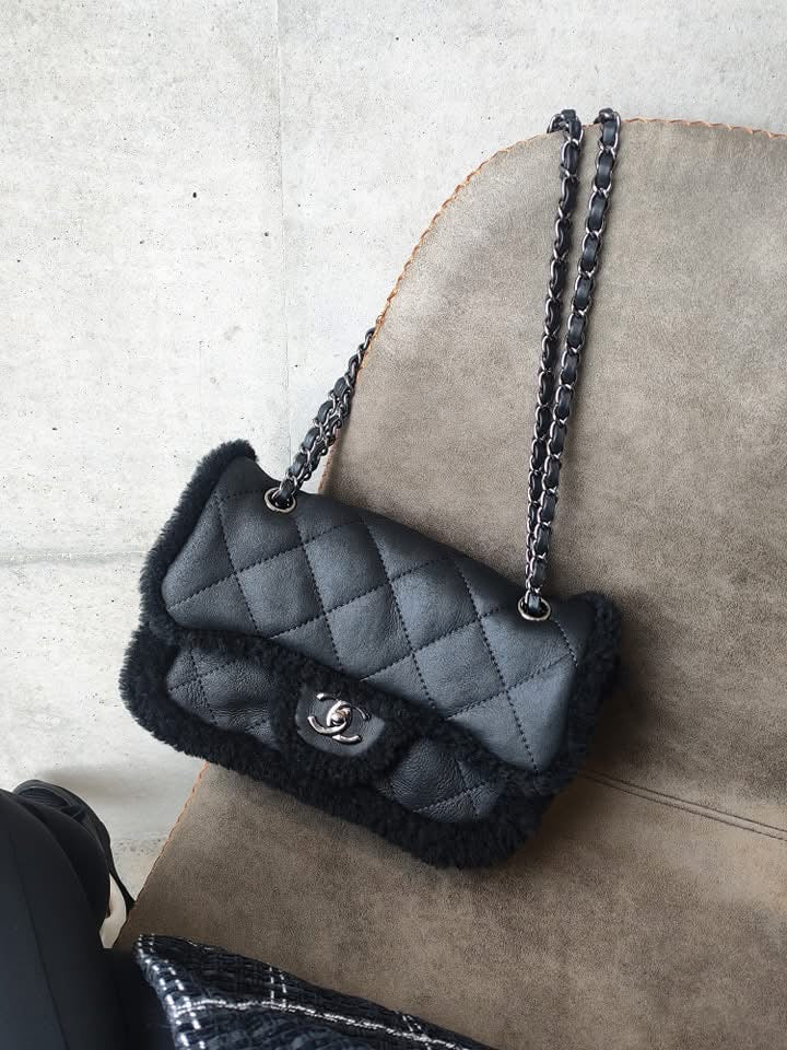 Chanel Medium Black Shearling Coco Neige Flap