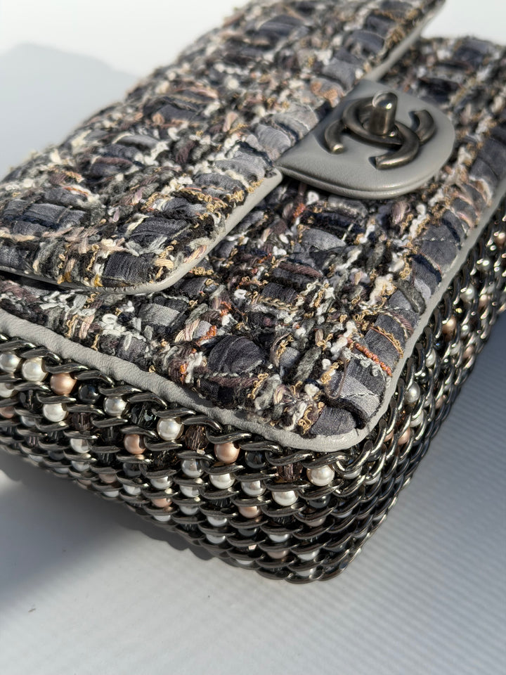 Chanel River of Pearls Mini Flap Quilted Tweed Grey Aged Silver Hardware