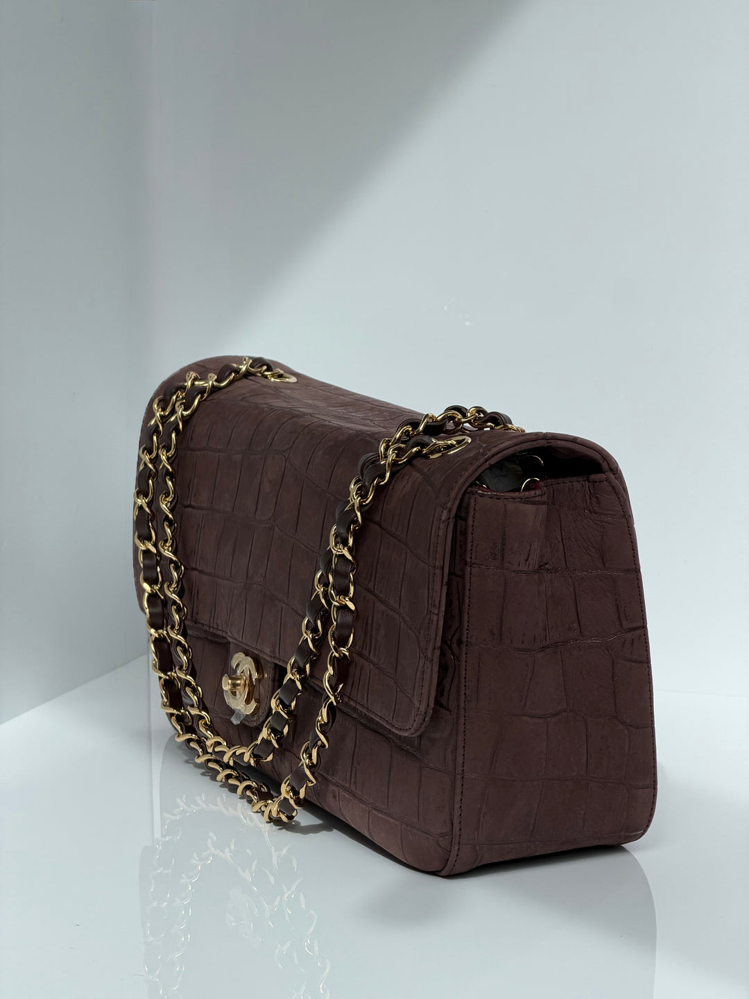 Chanel Maxi Flap Bag Brown Croc-Embossed Suede Calfskin Gold Tone Hardware 2026